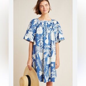 Whit Anthropologie Mira Blue White Short Sleeve Square Neck Dress Size Small